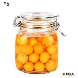 Kitchen Food Storage Jar Airtight Food Storage Storage Jar 5 Square Glass Spice Bottles Transparent Glass Lids Stainless Steel Buckle Airtight Food Storage Spice Container Set 1000ML