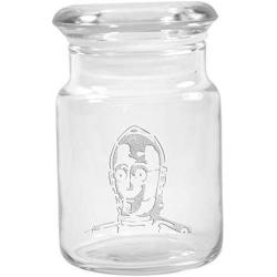 Clear Glass Herb Stash Jar with Lid 4.5 oz with C3P0 Logo from Smoke Promos