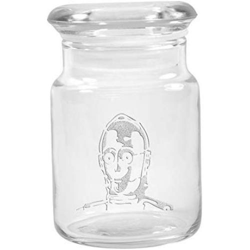 Clear Glass Herb Stash Jar with Lid 4.5 oz with C3P0 Logo from Smoke Promos