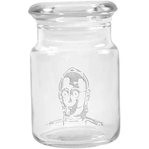 Clear Glass Herb Stash Jar with Lid 4.5 oz with C3P0 Logo from Smoke Promos Clear Glass Herb Stash Jar with Lid 4.5 oz with C3P0 Logo from Smoke Promos