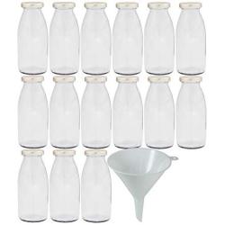 Viva Haushaltswaren 15 Mini/Milk Bottles 250ml Glass Bottles with Silver Screw Tops for Self-Filling with Filling Funnel Diameter 12 cm