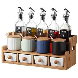 Multi-purpose Ceramic Spice Jar Set, Nordic Kitchen Condiment Jar Set With Seasoning Rack Wood Lids Spoon Household Spice Storage Canister-b
