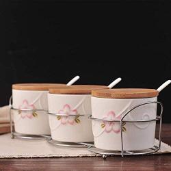 Kitchen seasoning box/Ceramic Condiment Storage Container with Tray Cherry Blossom Seasoning jar Three-Piece Set (Color : B)