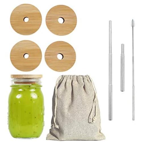 Mason Jar Lids with Straw Hole Kits, Reusable Bamboo Mason Jar Lids for Regular Mouth Mason Jar with 2 Reusable Stainless Steel Straw (86mm/Wide)