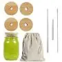 Mason Jar Lids with Straw Hole Kits, Reusable Bamboo Mason Jar Lids for Regular Mouth Mason Jar with 2 Reusable Stainless Steel Straw (86mm/Wide)