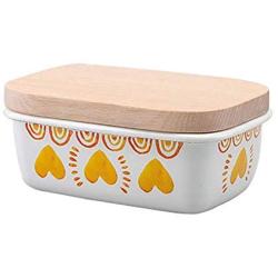 Kitchen Food Storage Jar Airtight Food Storage Butter Box Container Enamel Household Refrigerator Crisper Cheese Container Wooden Cover Heart Pattern(Send Plastic Cover)