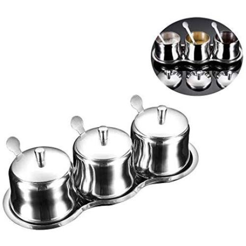 DUDDP Storage Spice lar set Stainless Steel Spice Jars Storage Containers Set, Spice Jars with 3 Serving Spoons Suitable for restaurant/kitchen, etc(3-piece set),Kitchen supplies