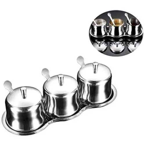 DUDDP Lager Spice-Set, Edelstahl Spice-Behälter, mit 3 Löffeln – Ideal für Restaurant/Küche etc. (3-teilig), Küchenzubehör