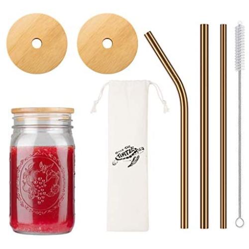 GUMBALL 2 Pack Wide Mouth Mason Jar Lids with Straws, Eco-Friendly Mason Jar Drinking Lids, 3 Pcs Stainless Steel Straw and 1 Pcs Cleaning Brush, Perfect Alternative to the Plastic Straw and Lids