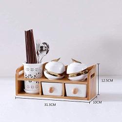 Kitchen seasoning box/Ceramic Condiment Storage Container with Tray Glass Salt jar Skeleton Chopsticks Barrel Bamboo Wood Frame 31.3cm (Color : A)