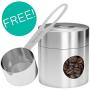 Coffee Gator Stainless Steel Container - Fresher Beans and Grounds for Longer - Canister with co2 Valve, Scoop and Travel Jar - Medium, Silver