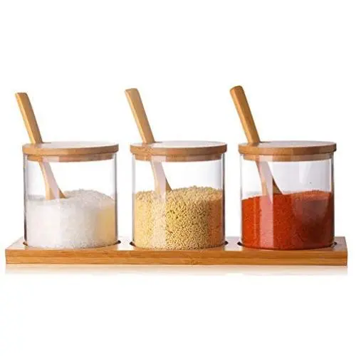Condiment Container Seasoning Box Set Glass Condiment Canisters Pots with Wooden Spoon Lid and Base Condiment Container Seasoning Box Set Glass Condiment Canisters Pots with Wooden Spoon Lid and Base