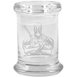 Clear Glass Herb Stash Jar with Lid 2.75 oz with Deadpool Logo from Smoke Promos