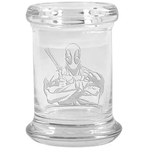 Clear Glass Herb Stash Jar with Lid 2.75 oz with Deadpool Logo from Smoke Promos
