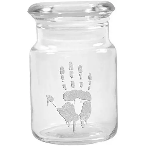 Clear Glass Herb Stash Jar with Lid 4.5 oz with Zombie Hand Logo from Smoke Promos