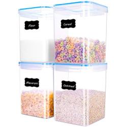 ME.FAN LARGE Food Storage Containers [Set of 4] Airtight Storage Keeper 5.2L(175.9oz) with 24 FREE Chalkboard labels Ideal for Sugar, Flour, Baking Supplies - Clear Plastic with Blue Lids