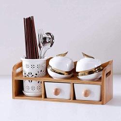 Kitchen seasoning box/Ceramic Condiment Storage Container with Tray Glass Salt jar Skeleton Chopsticks Barrel Bamboo Wood Frame 31.3cm (Color : A)