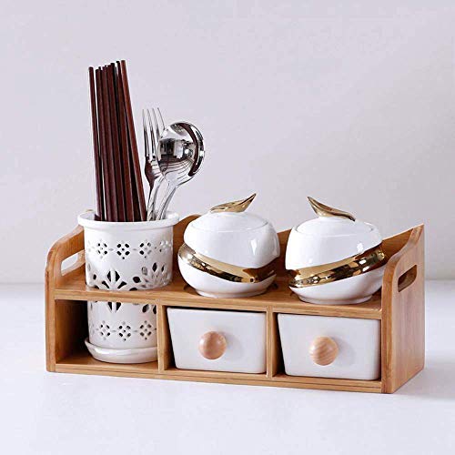 Boîte d'assaisonnement de cuisine/Contenant de stockage de condiments en céramique avec plateau et pot de sel en verre, cadre en bois bambou et baguettes squelettiques (Couleur : A) Boîte d'assaisonnement de cuisine/Contenant de stockage de condiments en céramique avec plateau et pot de sel en verre, cadre en bois bambou et baguettes squelettiques (Couleur : A)