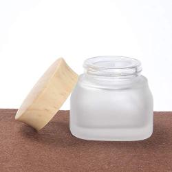 2Pcs 50g 50ml Square Frosted Glass Cosmetic Cream Bottles Jar Packaging Sub-bottle Empty Cosmetic Container with Plastic Wood Grain Lids and Liners