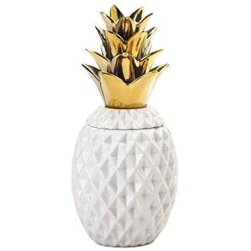 Aspen Tree Pineapple Ceramic Jar White and Gold Decorative Canister with Lid Porcelain Candy Jars, Modern Pineapples Shaped Storage Container Glossy Finish 13 Inch Tropical Island Decor 6" W x 13.5" T