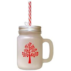 Red Love Tree Frosted Glass Mason Jar With Straw