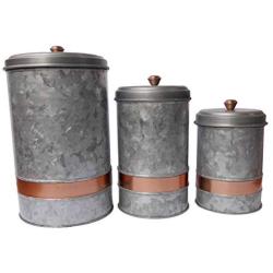 Benjara Galvanized Metal Lidded Canister with Copper Band, Set of Three, Gray