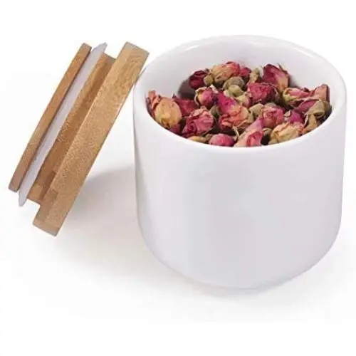 Contenant de stockage alimentaire 77L, 180 ml (6.08 fl oz) avec sac et couvercle en bois, design moderne, idéal pour épices, café, noix, etc. (Blanc) Contenant de stockage alimentaire 77L, 180 ml (6.08 fl oz) avec sac et couvercle en bois, design moderne, idéal pour épices, café, noix, etc. (Blanc)