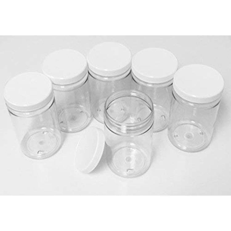 32 Oz Plastic Jars with lids, wide mouth, Bulk Pack of 6, Clear Round Jar  & White Lid,-Made in USA