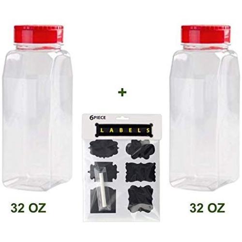 2 Pack - 32 Ounces Plastic Spice Jars, Storage Containers - Includes Set of Chalkboard Labels