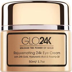 GLO24K Eye Cream with 24k Gold, Hyaluronic Acid, Rosehip Oil, and Vitamins. Minimizes wrinkles and fine-lines around the eyes.