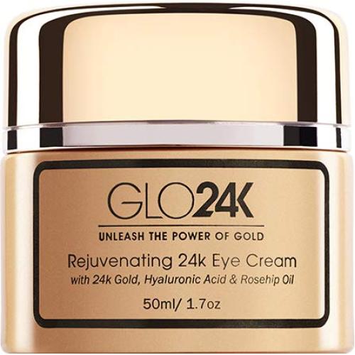 GLO24K Eye Cream with 24k Gold, Hyaluronic Acid, Rosehip Oil, and Vitamins. Minimizes wrinkles and fine-lines around the eyes.