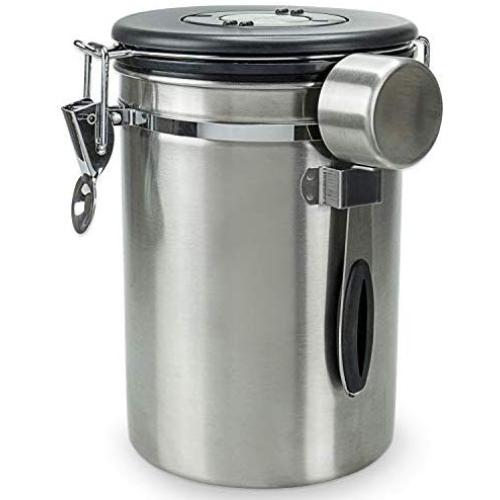 Stainless Steel Coffee Container by Java Whiz - 22oz Canister ? Bonus Ebook - Airtight Lid - CO2 Valve - Calendar Wheel - Storage for Whole Beans or Grinds- Scoop clips to side ? Large Durable Design