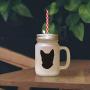 Green Havans Brown Cat Head Silhouette Frosted Glass Mason Jar With Straw