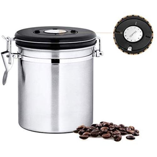 Chefs Star 16 oz Stainless Steel Airtight Canister Coffee Vault with Built-in CO2 Gas Vent Valve and Date Tracking Wheel for Coffee Beans and Coffee Grounds