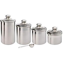 Beautiful Canisters Sets for the Kitchen Counter, Small Sized, 4-Piece Stainless Steel with Glass Lids and 20 ml Measuring Scoop - SilverOnyx Tea Coffee Sugar Canisters - 4pc Glass Lids