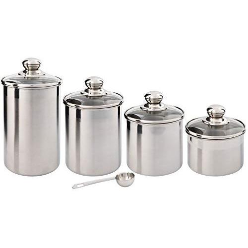 Beautiful Canisters Sets for the Kitchen Counter, Small Sized, 4-Piece Stainless Steel with Glass Lids and 20 ml Measuring Scoop - SilverOnyx Tea Coffee Sugar Canisters - 4pc Glass Lids