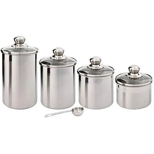Beautiful Canisters Sets for the Kitchen Counter, Small Sized, 4-Piece Stainless Steel with Glass Lids and 20 ml Measuring Scoop - SilverOnyx Tea Coffee Sugar Canisters - 4pc Glass Lids