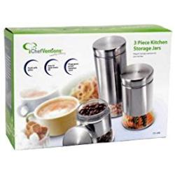 Chefventions 3-Piece Sturdy Food Storage Canisters Set With Tight Seal - Stylish Clear Glass and Stainless Steel Kitchen Containers for Coffee, Tea, Sugar, Rice, Flour, Nuts, Candies, Beans, Noodles