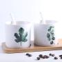 Porcelain Canisters，Set of 3 Spice Jar with Airtight Bamboo Lid,Kitchen Seasoning Jar (Plant 01)