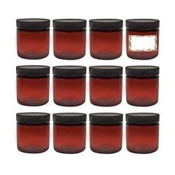 ljdeals 4oz Amber PET Plastic Jars with Lids, Refillable Empty Round Containers, Pack of 12, 12 Labels, Perfect for Kitchen, Cosmetic, Lotion, Personal Care Products and more BPA Free, Made in USA,