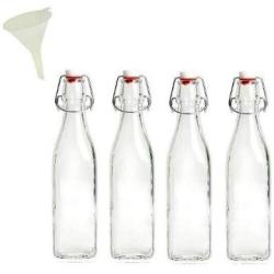 Viva Haushaltswaren - 4 Small Glass Bottles with Clip Closure, 250 ml (Square Shape) for self-Filling. Includes Funnel