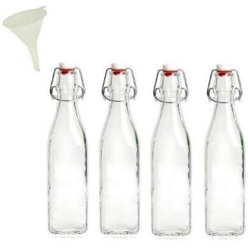 Viva Haushaltswaren - 4 Small Glass Bottles with Clip Closure, 250 ml (Square Shape) for self-Filling. Includes Funnel