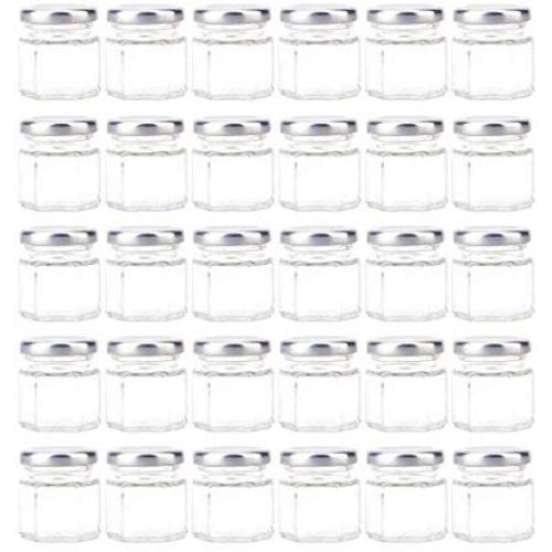 Tebery 30 Pack 1.5oz Mini Hexagon Glass Jars with Silver Plastisol Lined Lids for Spices, Honey, Canning, Gifts and Crafts