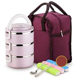 Thermos Food Jar 2100ML Thermos Stainless Food Flask For Student Leakproof Insulated Food Containers Portable Bag Three Floors (Color : Purple)