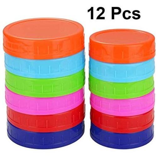 Round Mason Jar Lids Colored Plastic Storage Caps 6 Regular Mouth and 6 Wide Mouth Leak proof Canning Cover for Ball Kerr Glass Mason Jars