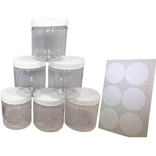 8oz Plastic Slime Containers and Lids - Storage Jars (6 Pack) + Sealable Lids + White Labels