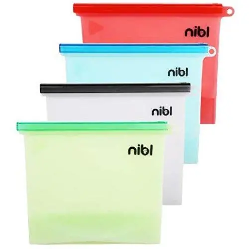 (4 Pack -1 qt.) NIBL Reusable Silicone ZipLock Food Storage Bags - Leakproof Kitchen Container For Sandwich Snack Soup Freezer Meal Prep Travel Sous Vide Cooking Microwave Dishwasher Safe