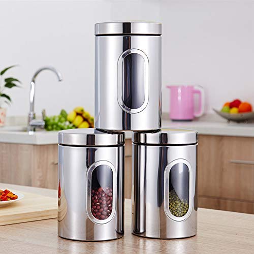 Storage Jar 3pcs Cans Sugar Sealed Stainless Steel With Lid Transparent Kitchen Container sy Clean Grains Food Containers Biscuits Tea Coffee(Silver)