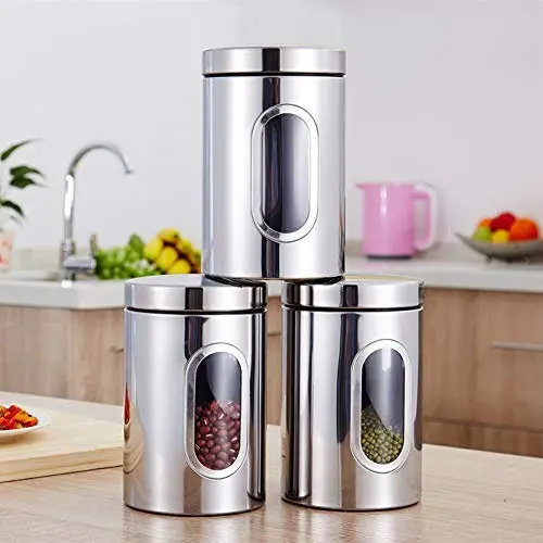 Stainless Steel Storage Jars,3PCS/Set Food Storage Canister with Lids&View Content Windows,Tea Coffee Sugar Pots Jars Container Kitchen Storage Canisters(Silver)