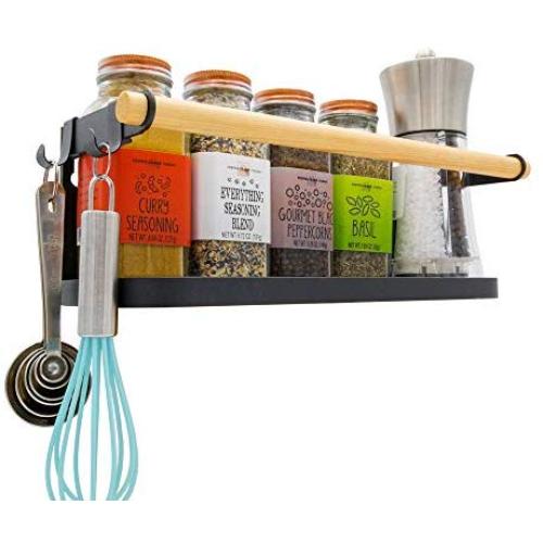 Magnetic Fridge Spice Rack Organizer [1-Tier with 2x Utility Hooks] - Mounted Jar Container Storage, Kitchen Roll Holder, Multi Use Shelves, Pantry Wall, Laundry Room, Dorm, Garage. [Matte Black]